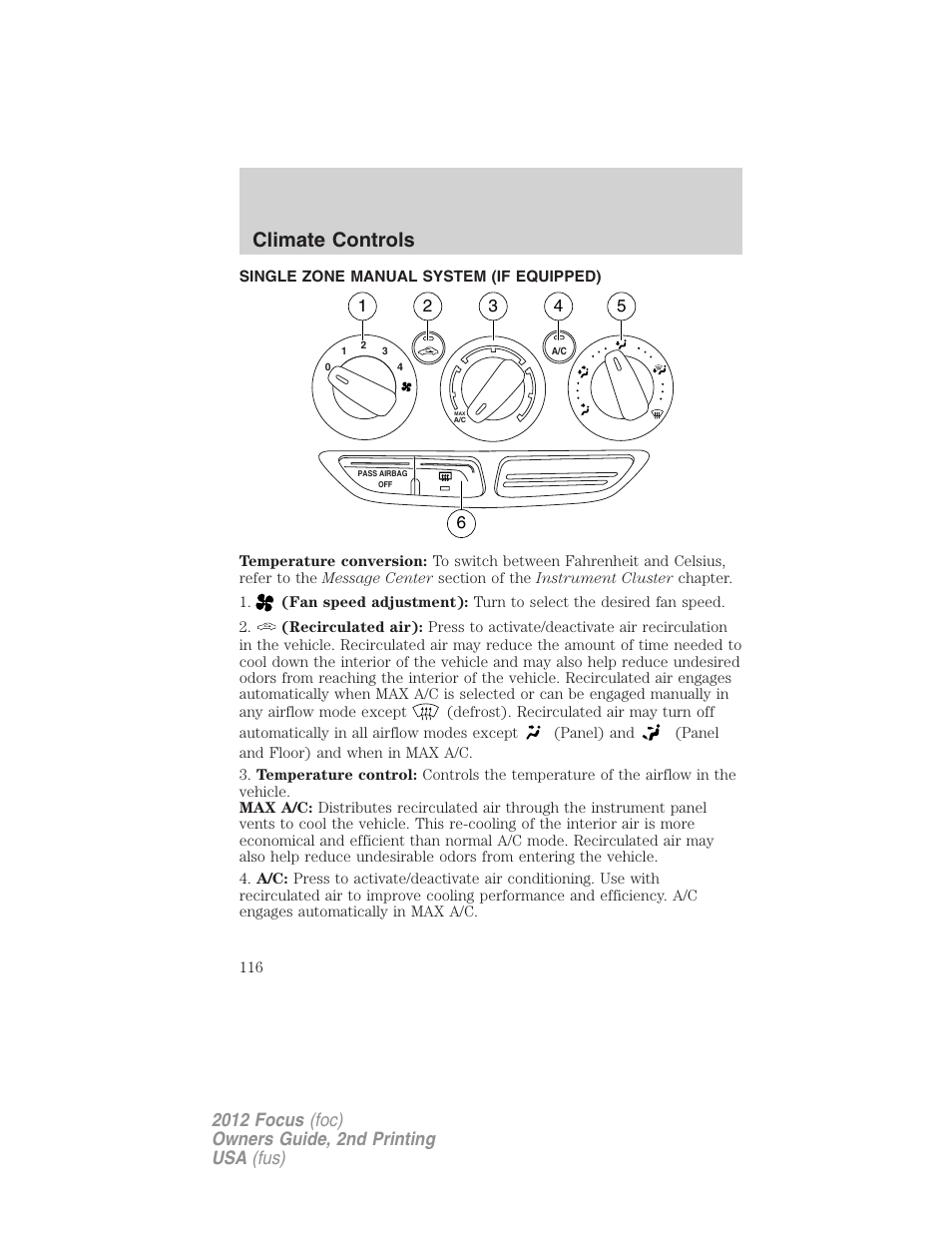 Climate controls, Single zone manual system (if equipped), Manual heating and air conditioning | FORD 2012 Focus v.2 User Manual | Page 116 / 405