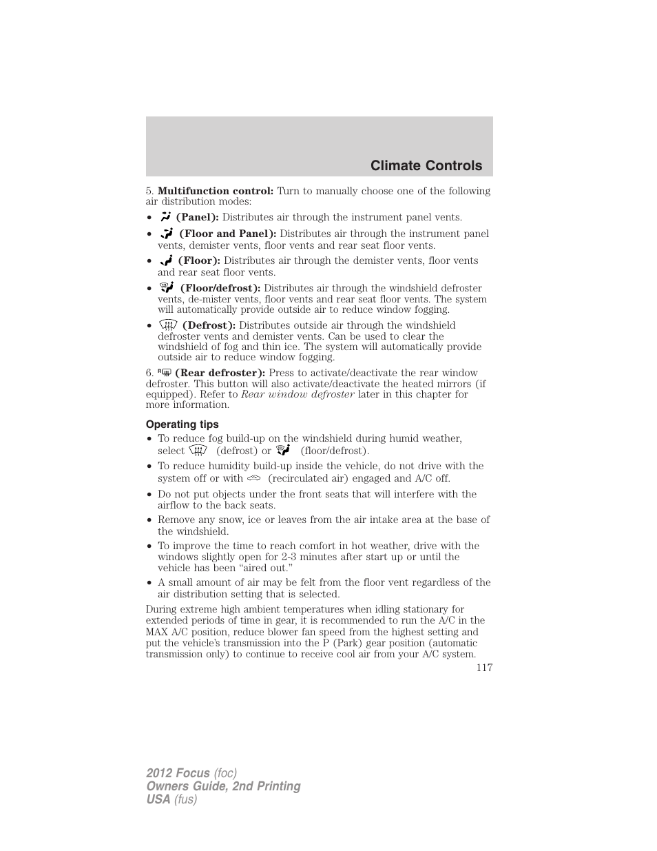 Operating tips, Climate controls | FORD 2012 Focus v.2 User Manual | Page 117 / 405