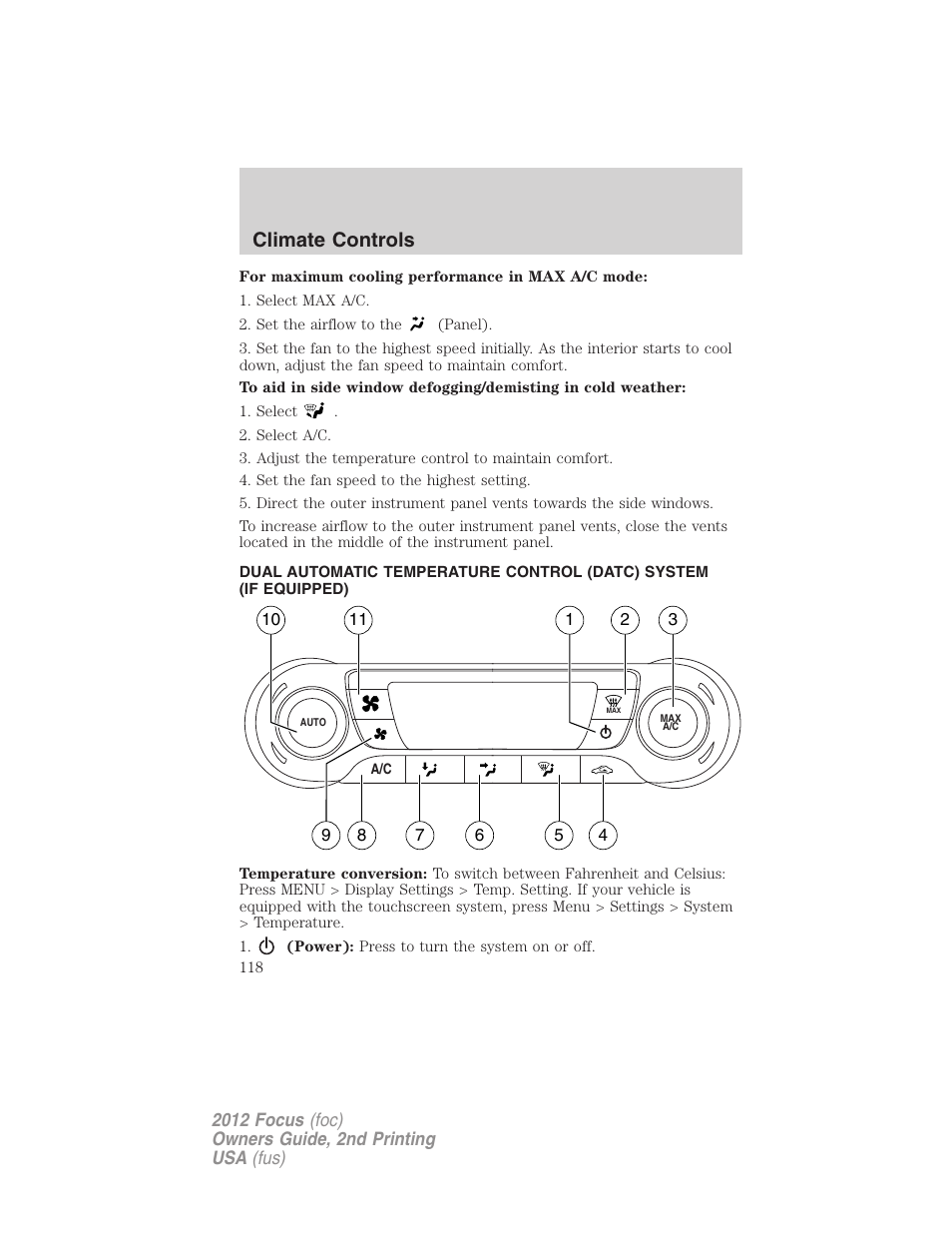 Climate controls | FORD 2012 Focus v.2 User Manual | Page 118 / 405