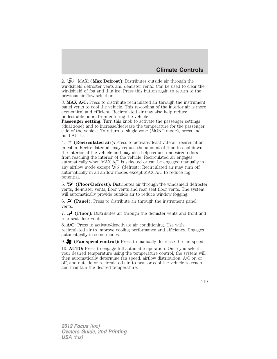 Climate controls | FORD 2012 Focus v.2 User Manual | Page 119 / 405