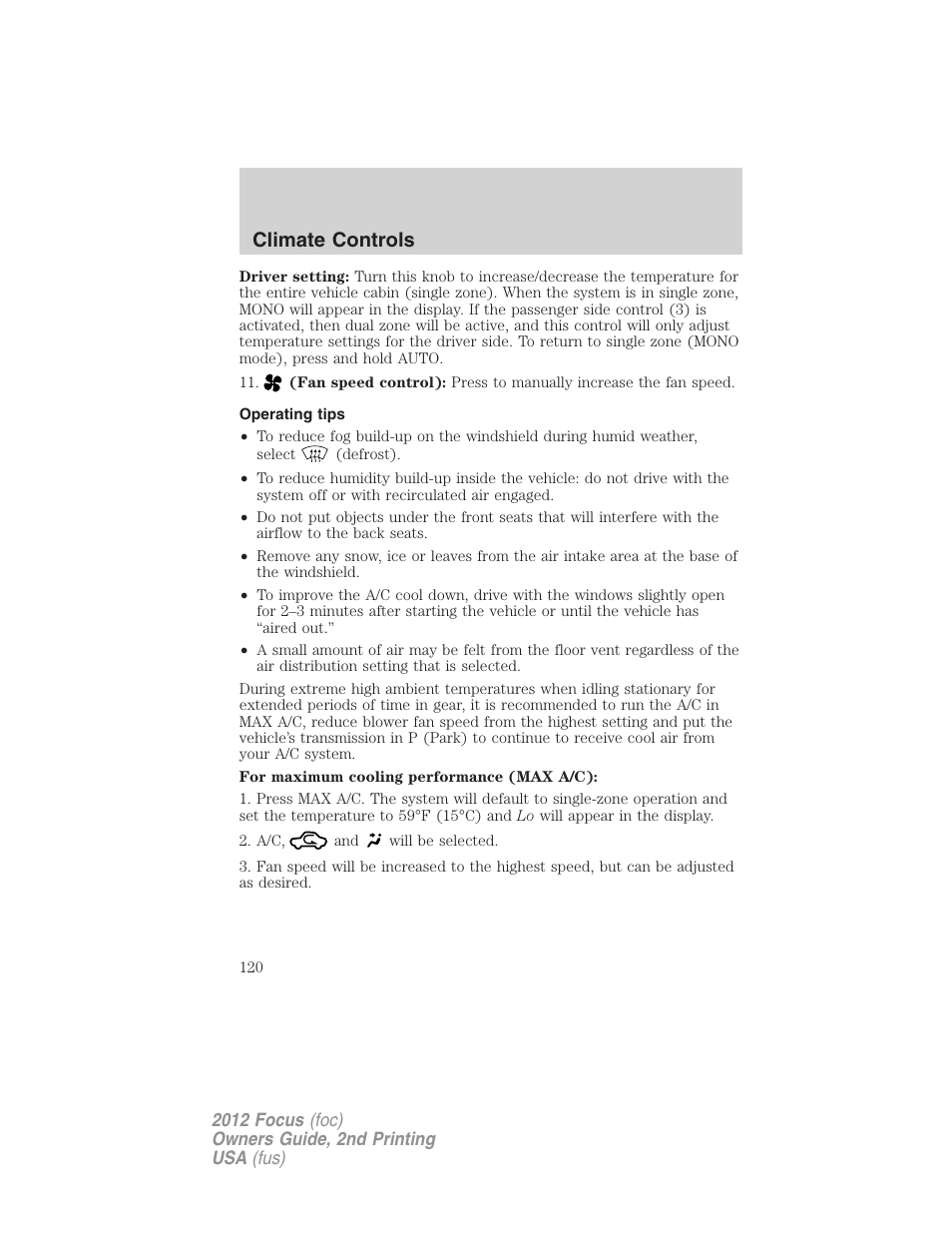 Operating tips, Climate controls | FORD 2012 Focus v.2 User Manual | Page 120 / 405