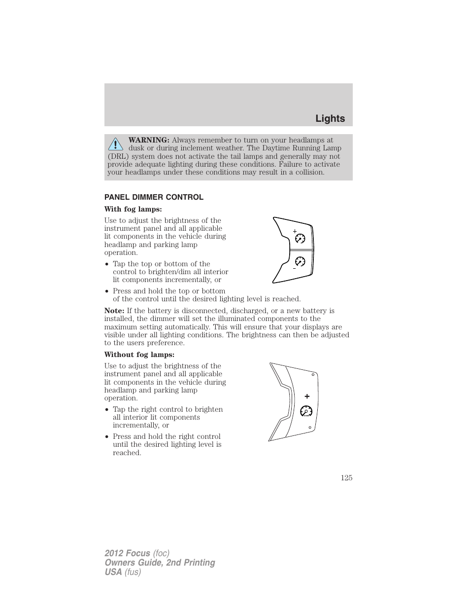 Panel dimmer control, Lights | FORD 2012 Focus v.2 User Manual | Page 125 / 405