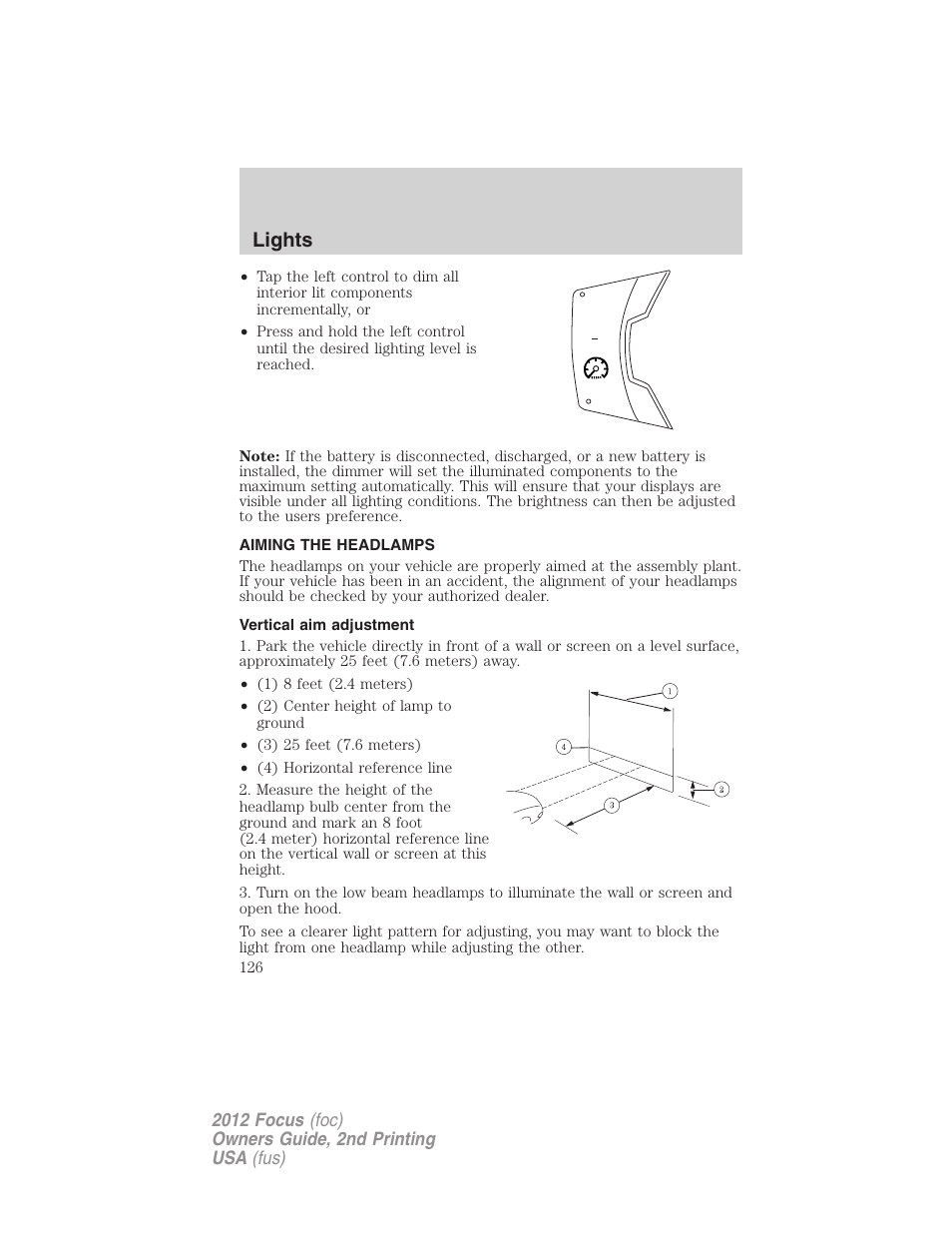 Aiming the headlamps, Vertical aim adjustment, Lights | FORD 2012 Focus v.2 User Manual | Page 126 / 405