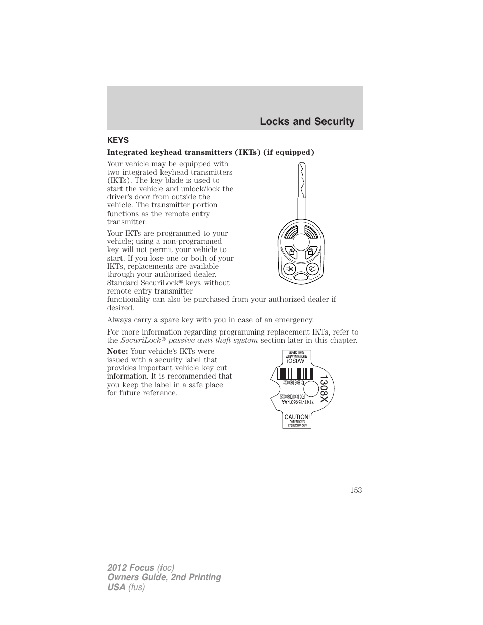 Locks and security, Keys | FORD 2012 Focus v.2 User Manual | Page 153 / 405