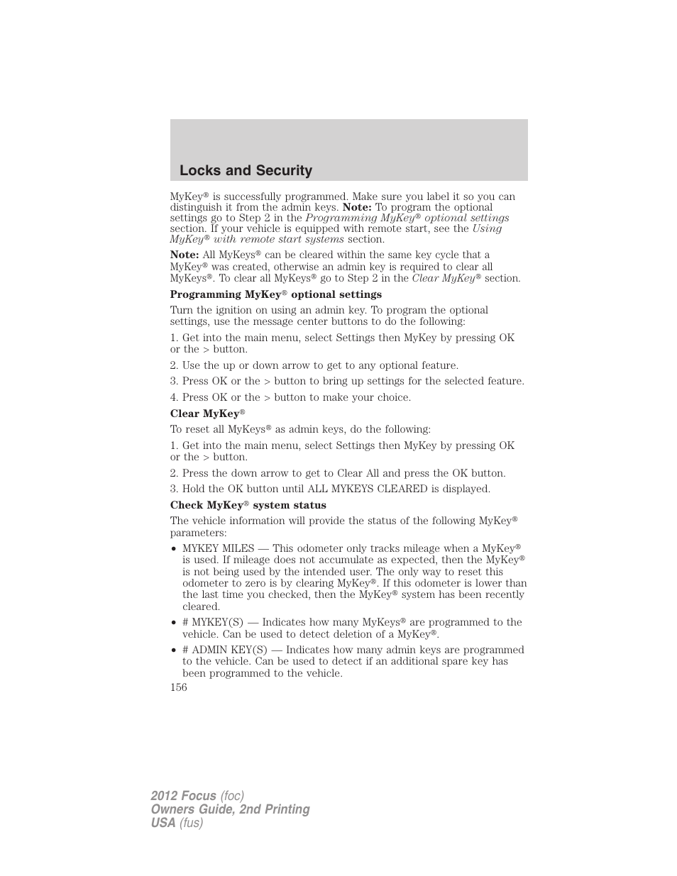 Locks and security | FORD 2012 Focus v.2 User Manual | Page 156 / 405