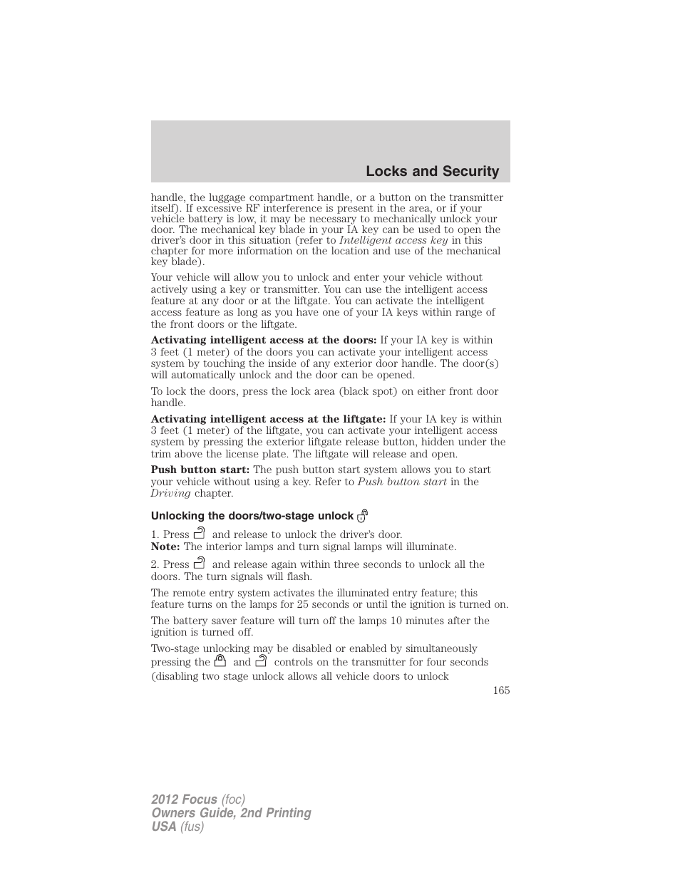 Unlocking the doors/two-stage unlock, Locks and security | FORD 2012 Focus v.2 User Manual | Page 165 / 405