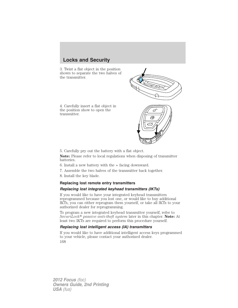 Replacing lost remote entry transmitters, Locks and security | FORD 2012 Focus v.2 User Manual | Page 168 / 405