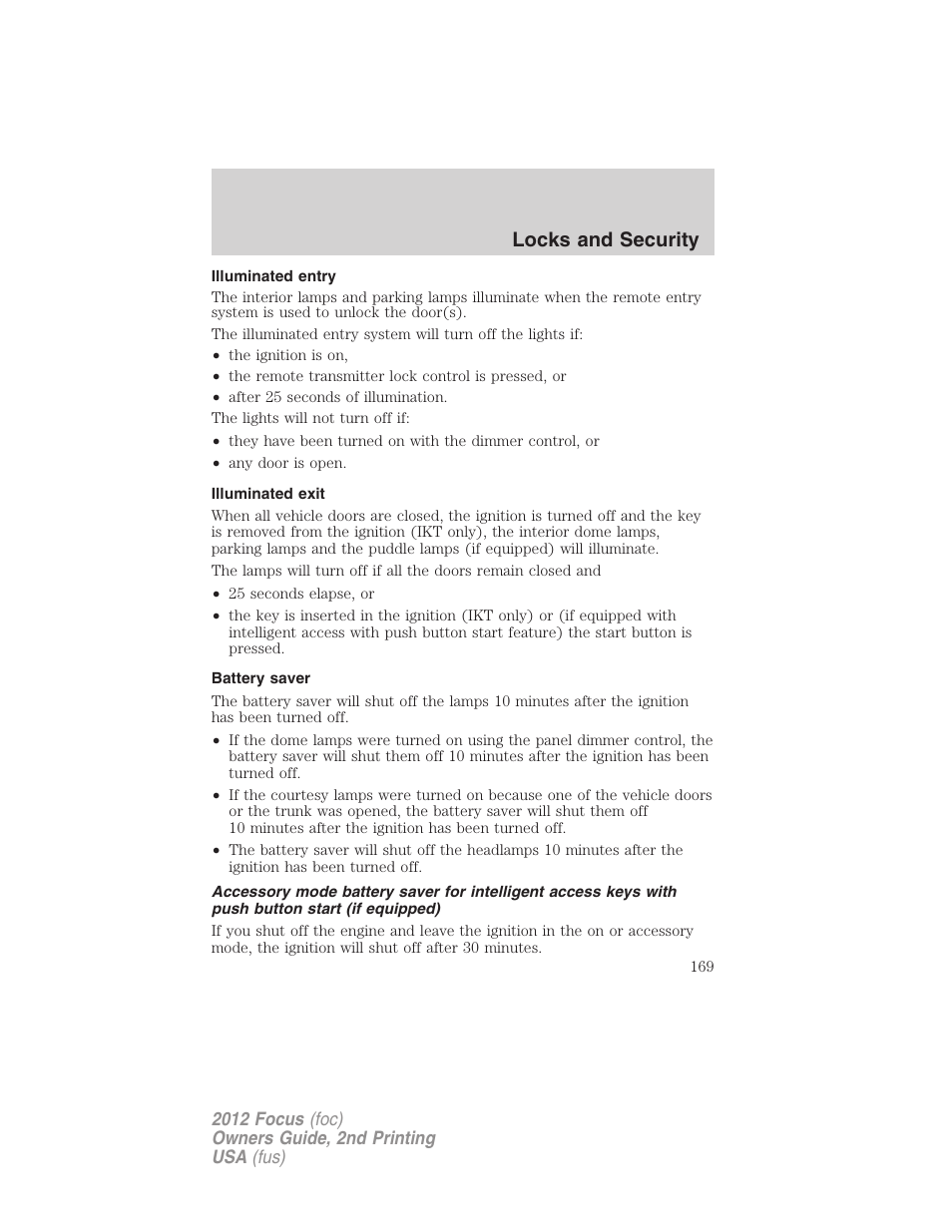 Illuminated entry, Illuminated exit, Battery saver | Locks and security | FORD 2012 Focus v.2 User Manual | Page 169 / 405