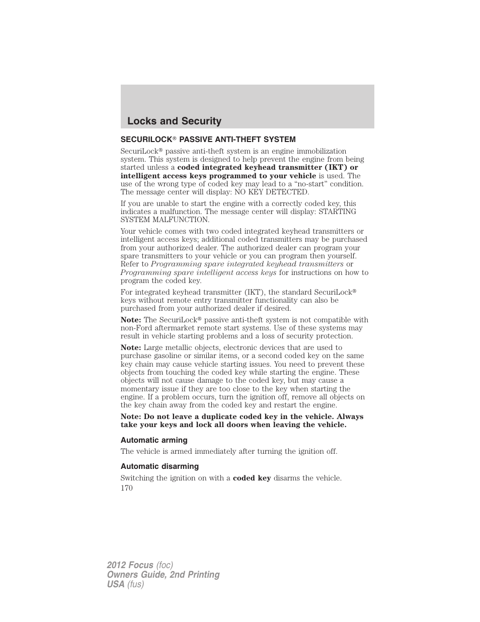 Securilock passive anti-theft system, Automatic arming, Automatic disarming | Anti-theft system, Locks and security | FORD 2012 Focus v.2 User Manual | Page 170 / 405