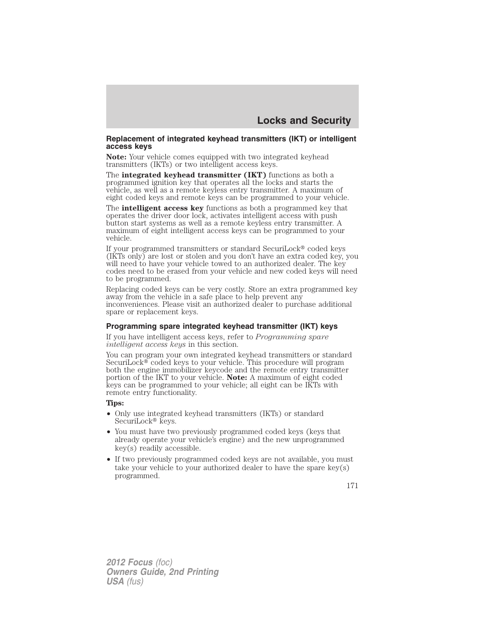 Locks and security | FORD 2012 Focus v.2 User Manual | Page 171 / 405