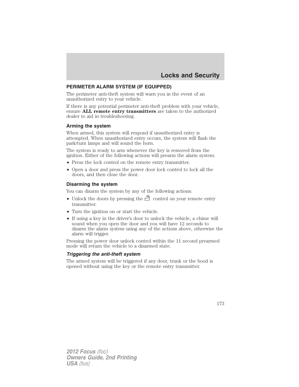 Perimeter alarm system (if equipped), Arming the system, Disarming the system | Triggering the anti-theft system, Locks and security | FORD 2012 Focus v.2 User Manual | Page 173 / 405