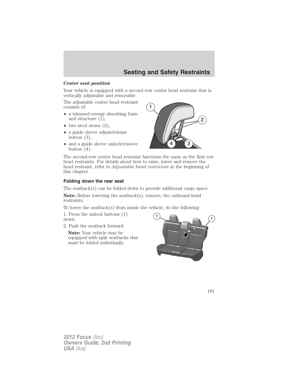 Folding down the rear seat, Seating and safety restraints | FORD 2012 Focus v.2 User Manual | Page 181 / 405