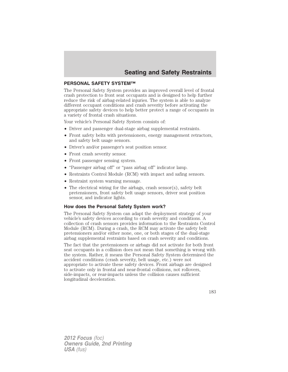 Personal safety system, How does the personal safety system work, Seating and safety restraints | FORD 2012 Focus v.2 User Manual | Page 183 / 405