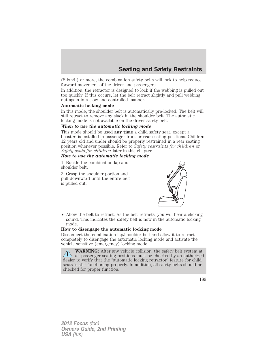 Seating and safety restraints | FORD 2012 Focus v.2 User Manual | Page 189 / 405