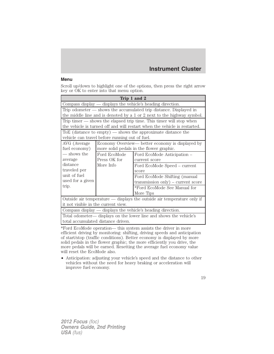 Menu, Instrument cluster | FORD 2012 Focus v.2 User Manual | Page 19 / 405