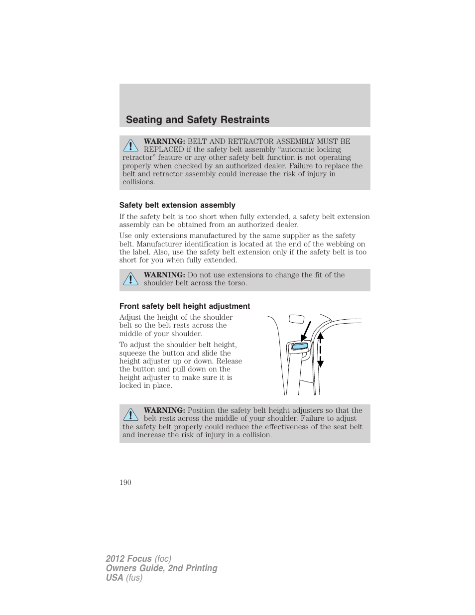 Safety belt extension assembly, Front safety belt height adjustment, Seating and safety restraints | FORD 2012 Focus v.2 User Manual | Page 190 / 405