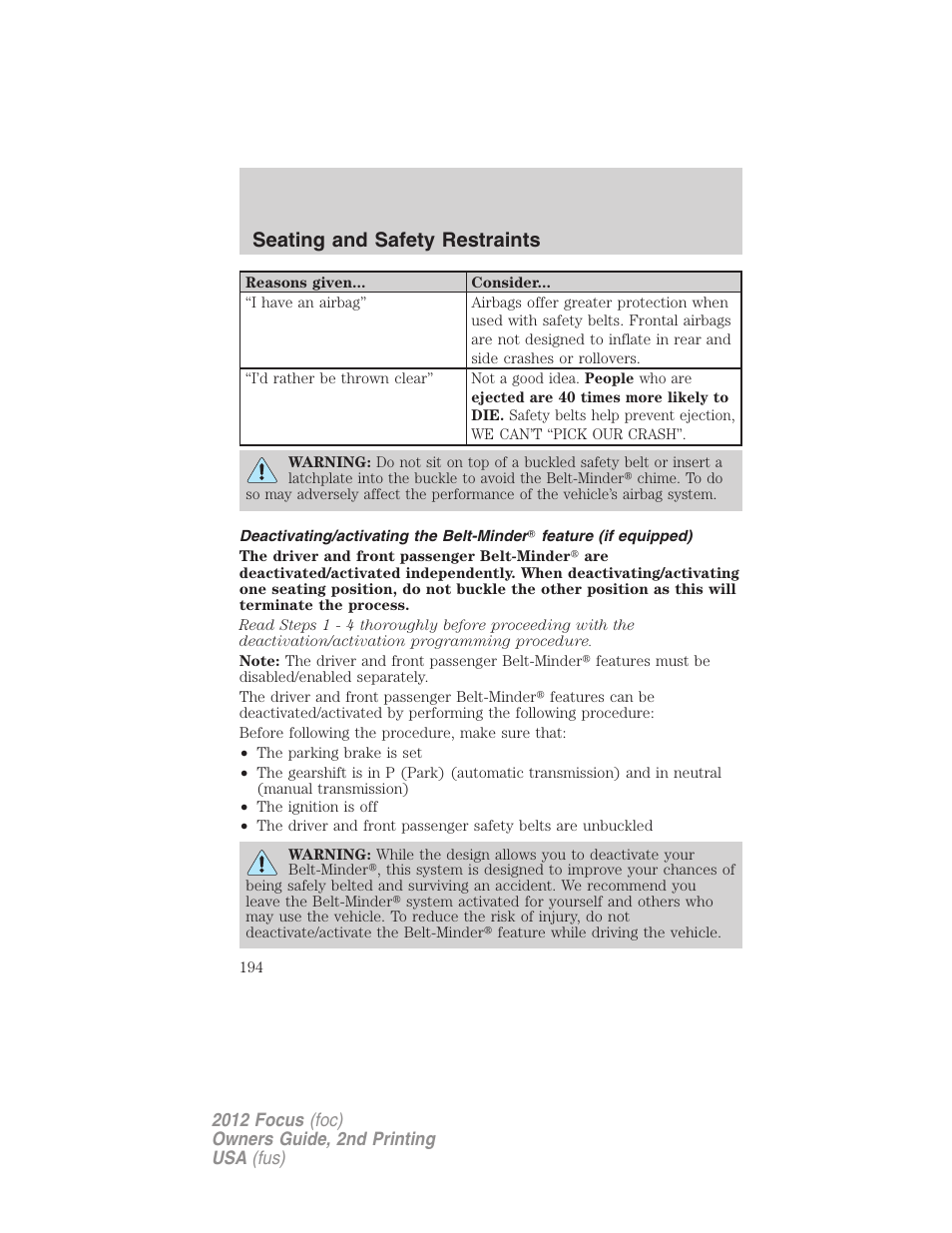 Seating and safety restraints | FORD 2012 Focus v.2 User Manual | Page 194 / 405