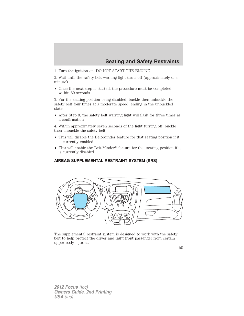 Airbag supplemental restraint system (srs), Airbags, Seating and safety restraints | FORD 2012 Focus v.2 User Manual | Page 195 / 405