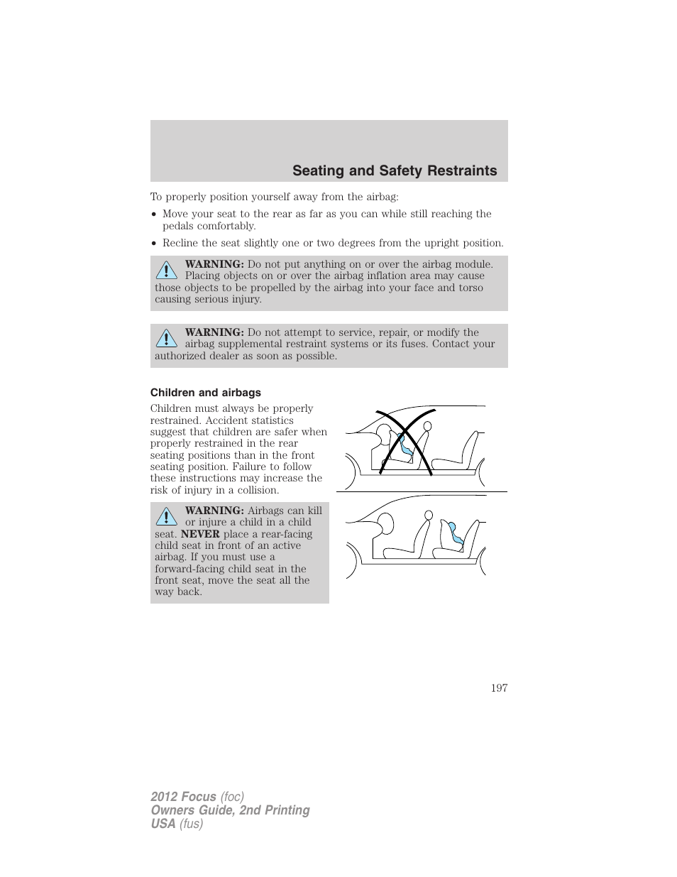 Children and airbags, Seating and safety restraints | FORD 2012 Focus v.2 User Manual | Page 197 / 405