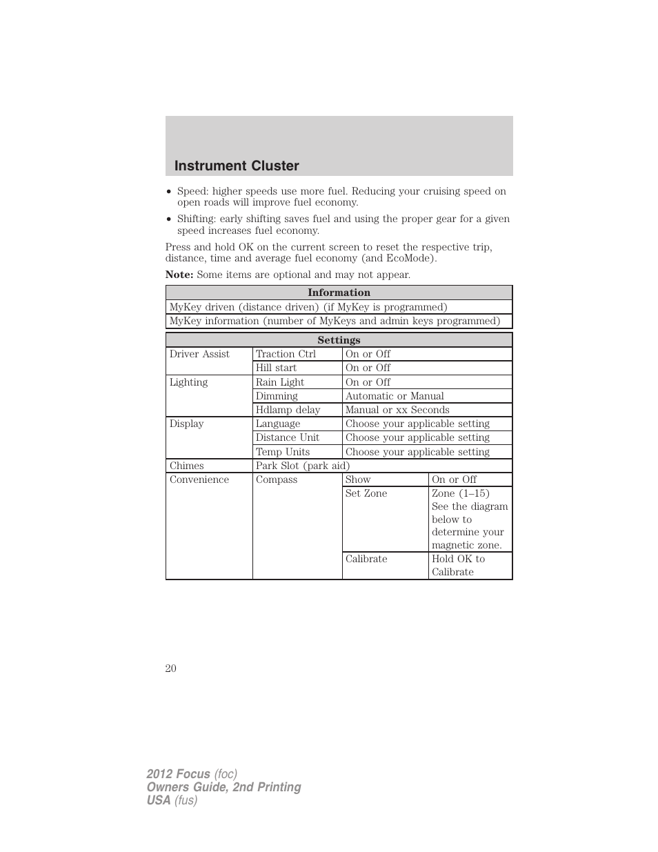 Instrument cluster | FORD 2012 Focus v.2 User Manual | Page 20 / 405