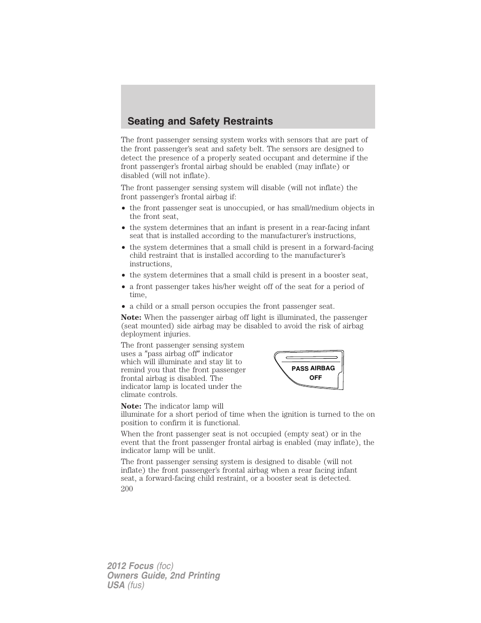 Seating and safety restraints | FORD 2012 Focus v.2 User Manual | Page 200 / 405