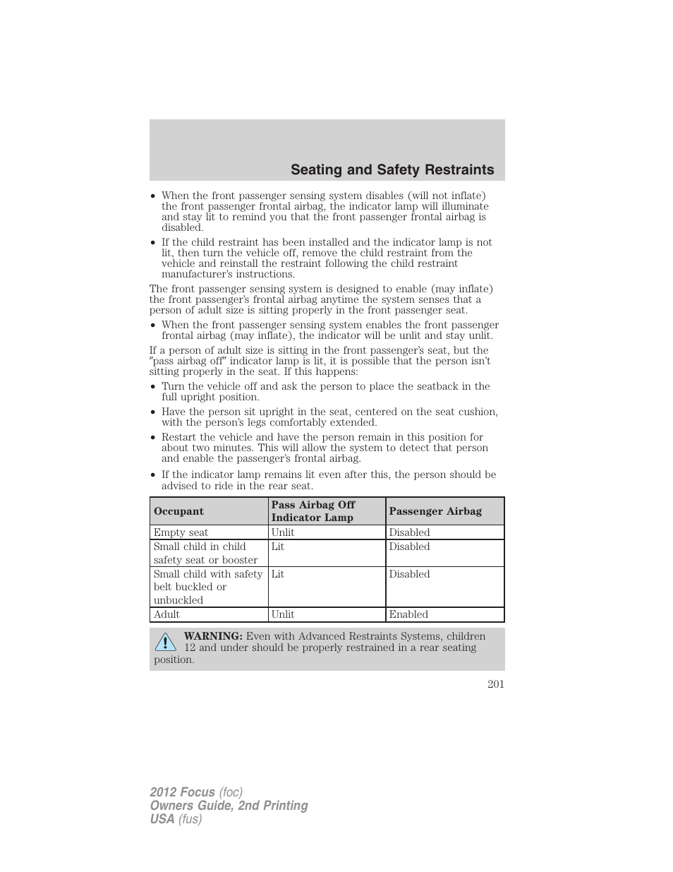 Seating and safety restraints | FORD 2012 Focus v.2 User Manual | Page 201 / 405