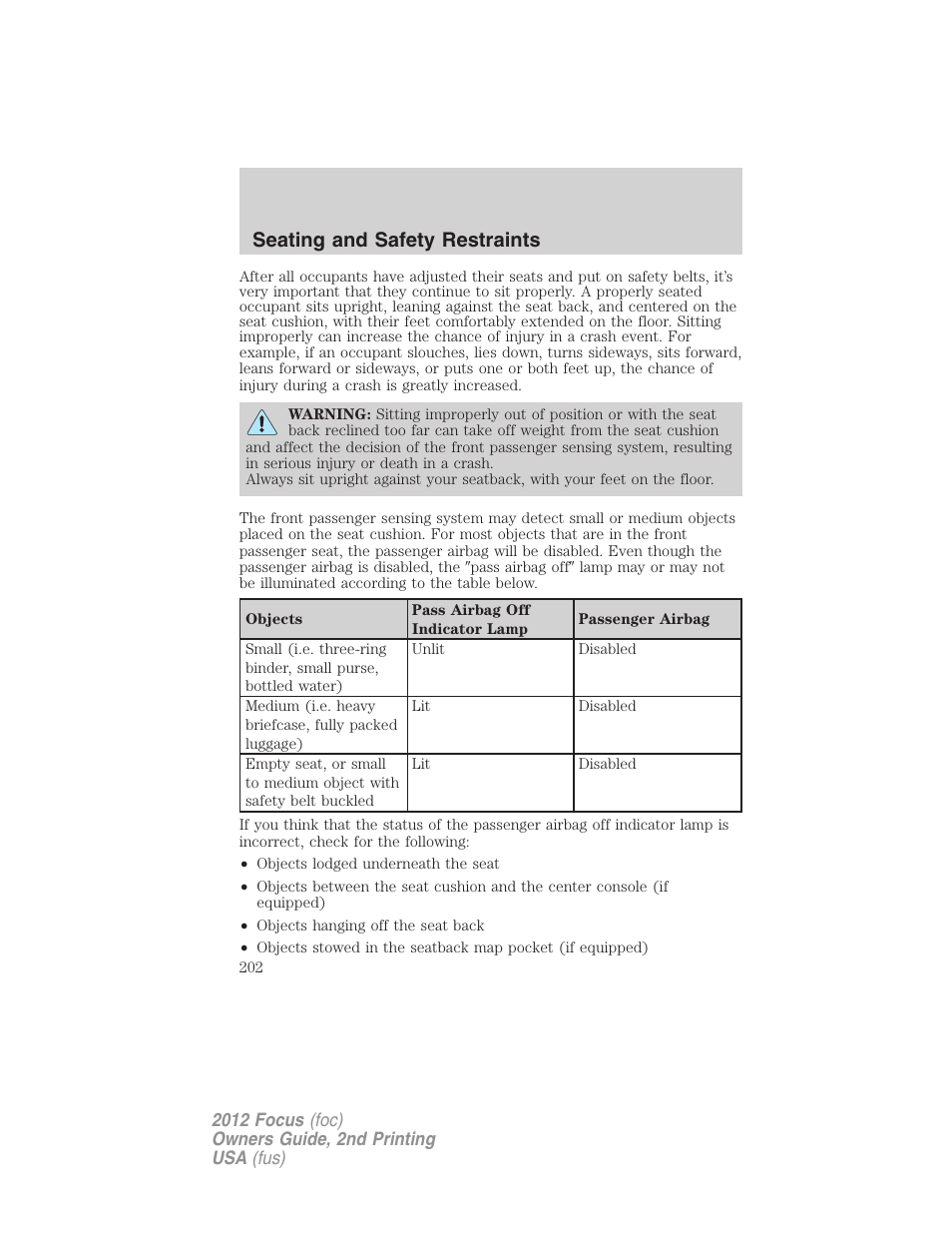 Seating and safety restraints | FORD 2012 Focus v.2 User Manual | Page 202 / 405