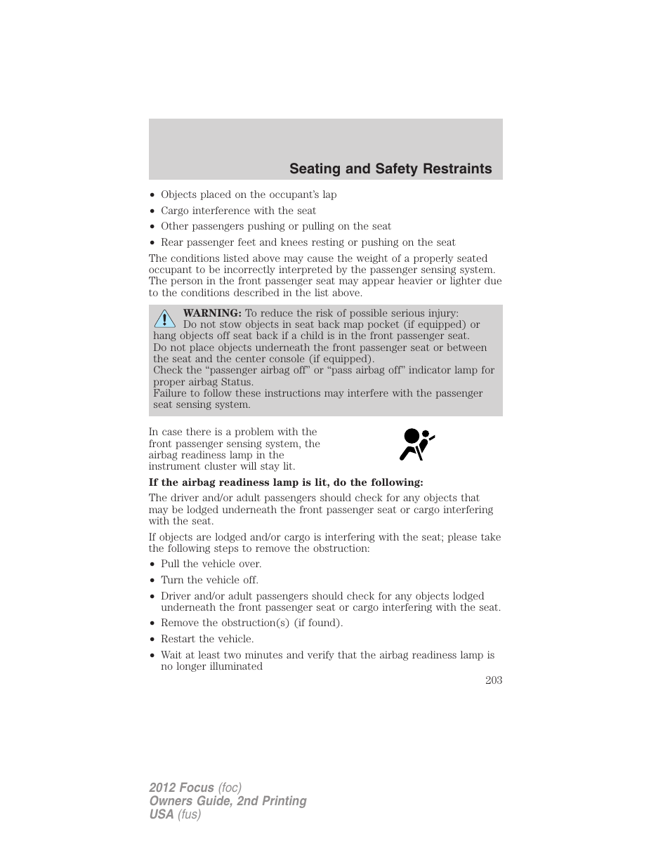 Seating and safety restraints | FORD 2012 Focus v.2 User Manual | Page 203 / 405