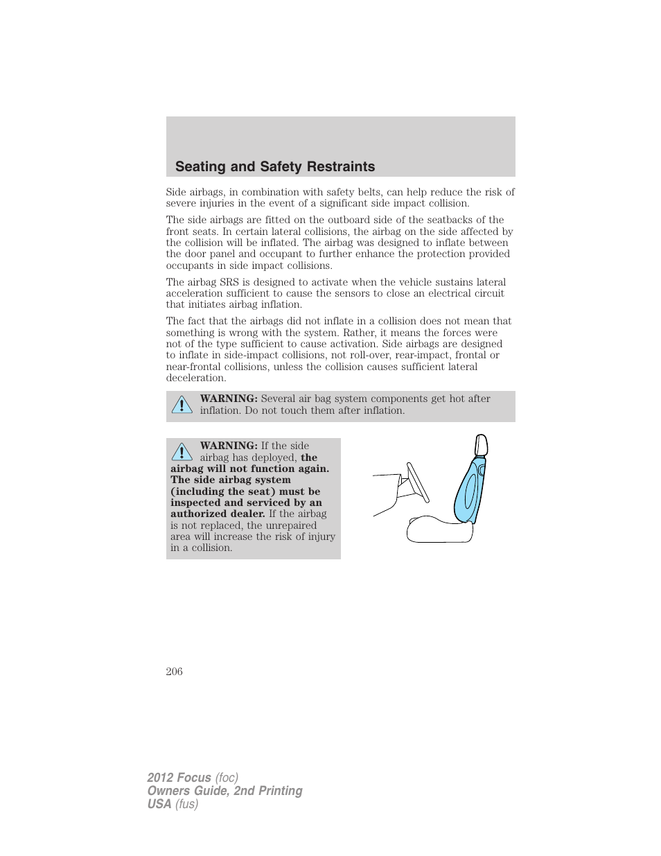 Seating and safety restraints | FORD 2012 Focus v.2 User Manual | Page 206 / 405