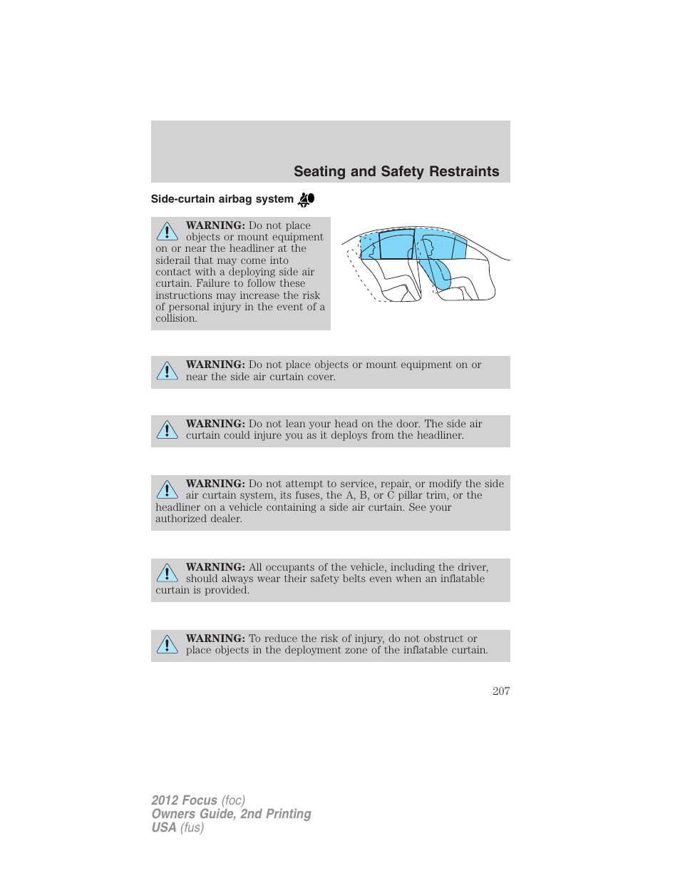 Side-curtain airbag system, Seating and safety restraints | FORD 2012 Focus v.2 User Manual | Page 207 / 405