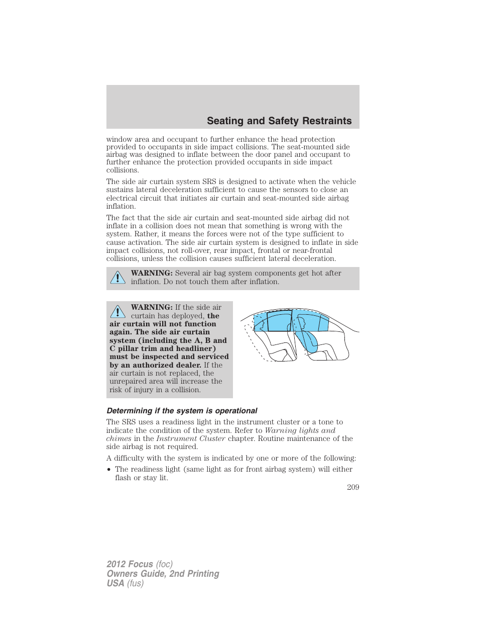 Determining if the system is operational, Seating and safety restraints | FORD 2012 Focus v.2 User Manual | Page 209 / 405