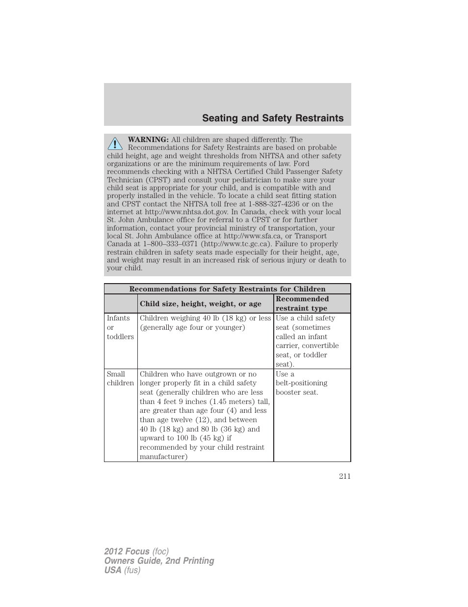 Seating and safety restraints | FORD 2012 Focus v.2 User Manual | Page 211 / 405