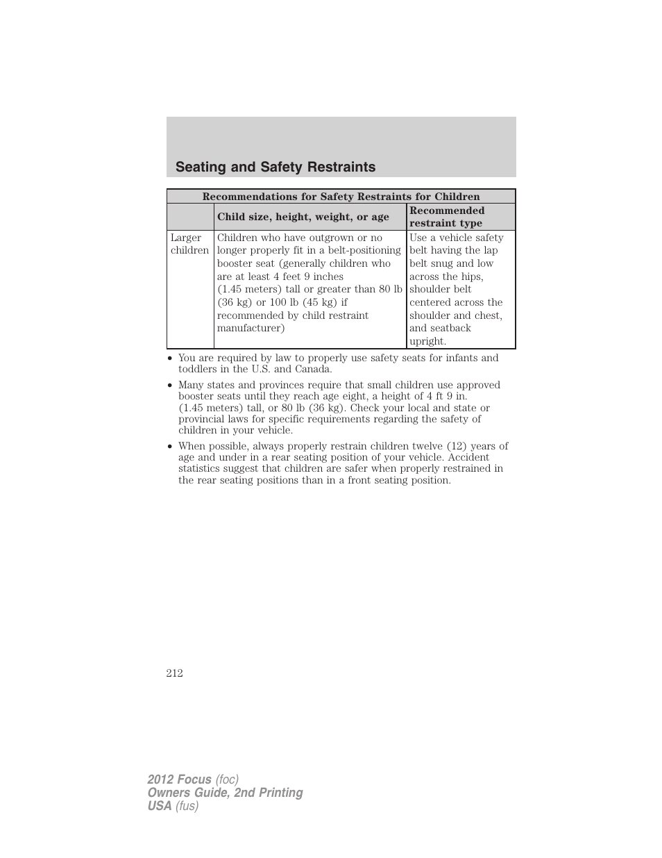 Seating and safety restraints | FORD 2012 Focus v.2 User Manual | Page 212 / 405