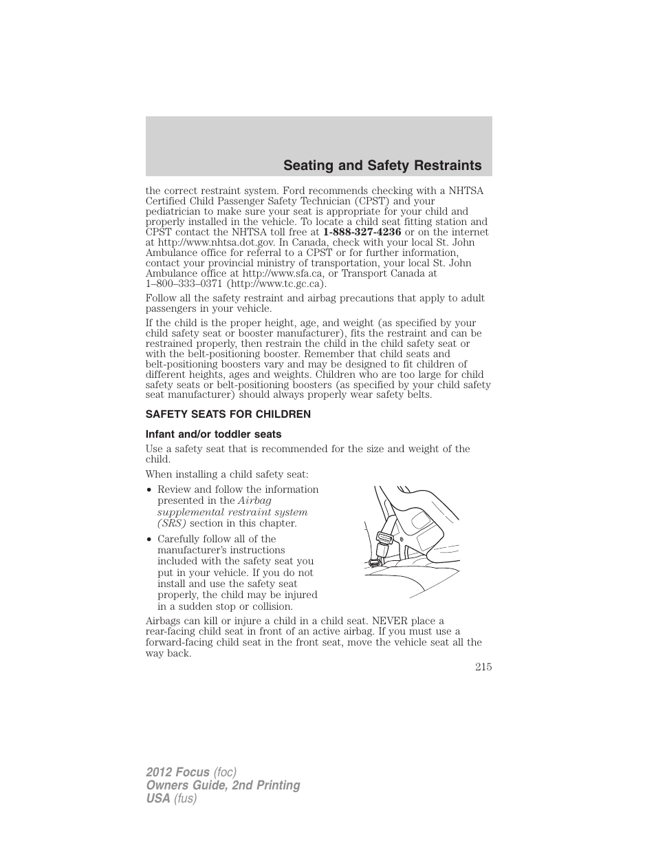 Safety seats for children, Infant and/or toddler seats, Seating and safety restraints | FORD 2012 Focus v.2 User Manual | Page 215 / 405