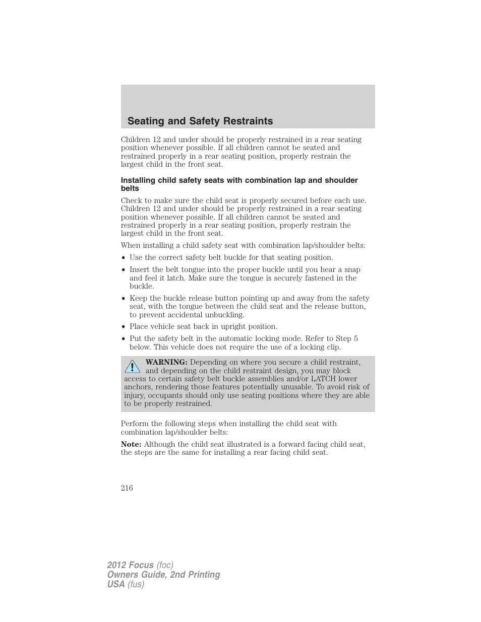 Seating and safety restraints | FORD 2012 Focus v.2 User Manual | Page 216 / 405