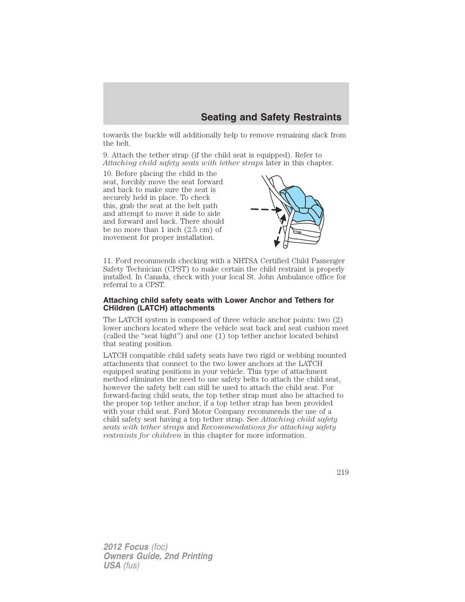 Seating and safety restraints | FORD 2012 Focus v.2 User Manual | Page 219 / 405