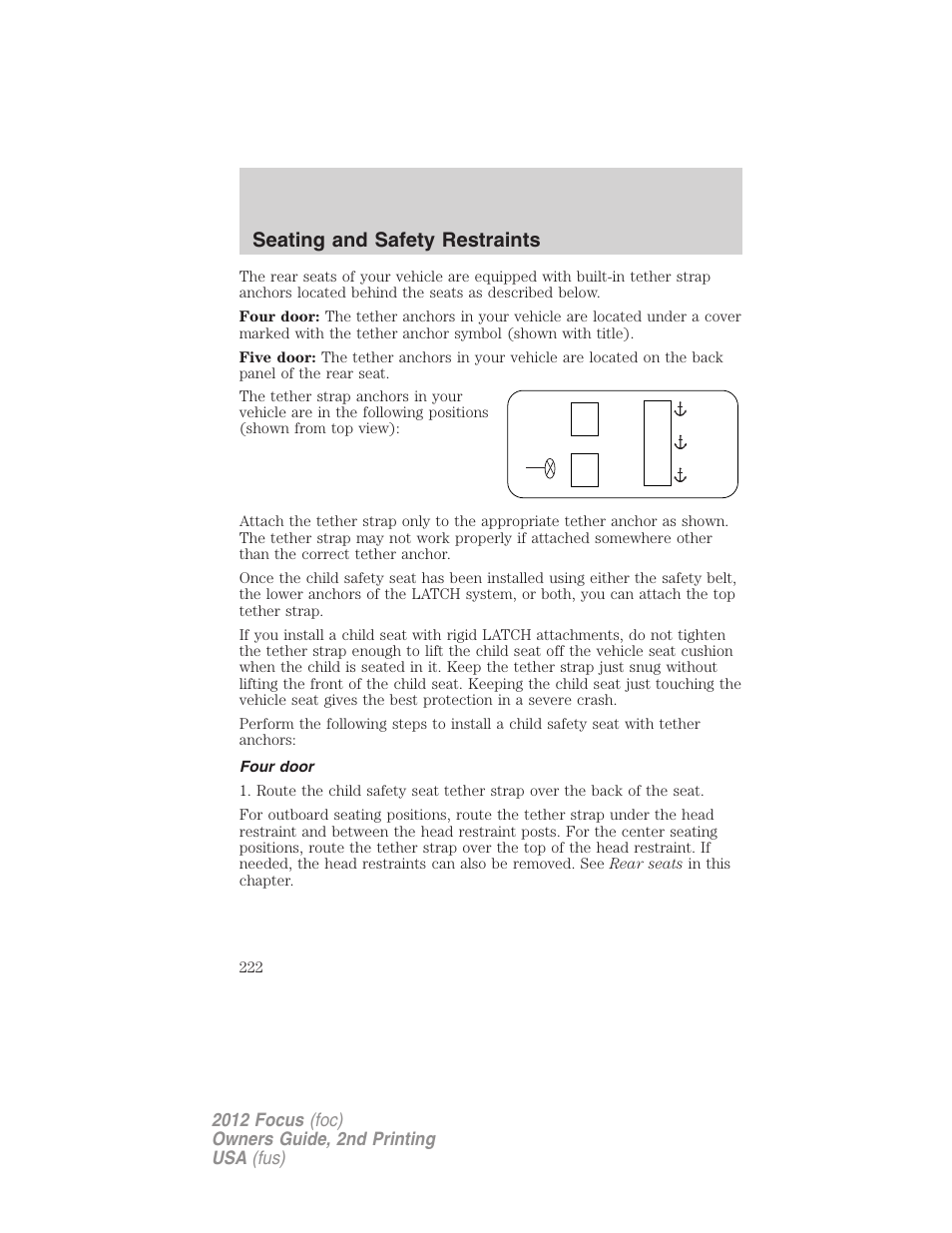 Four door, Seating and safety restraints | FORD 2012 Focus v.2 User Manual | Page 222 / 405