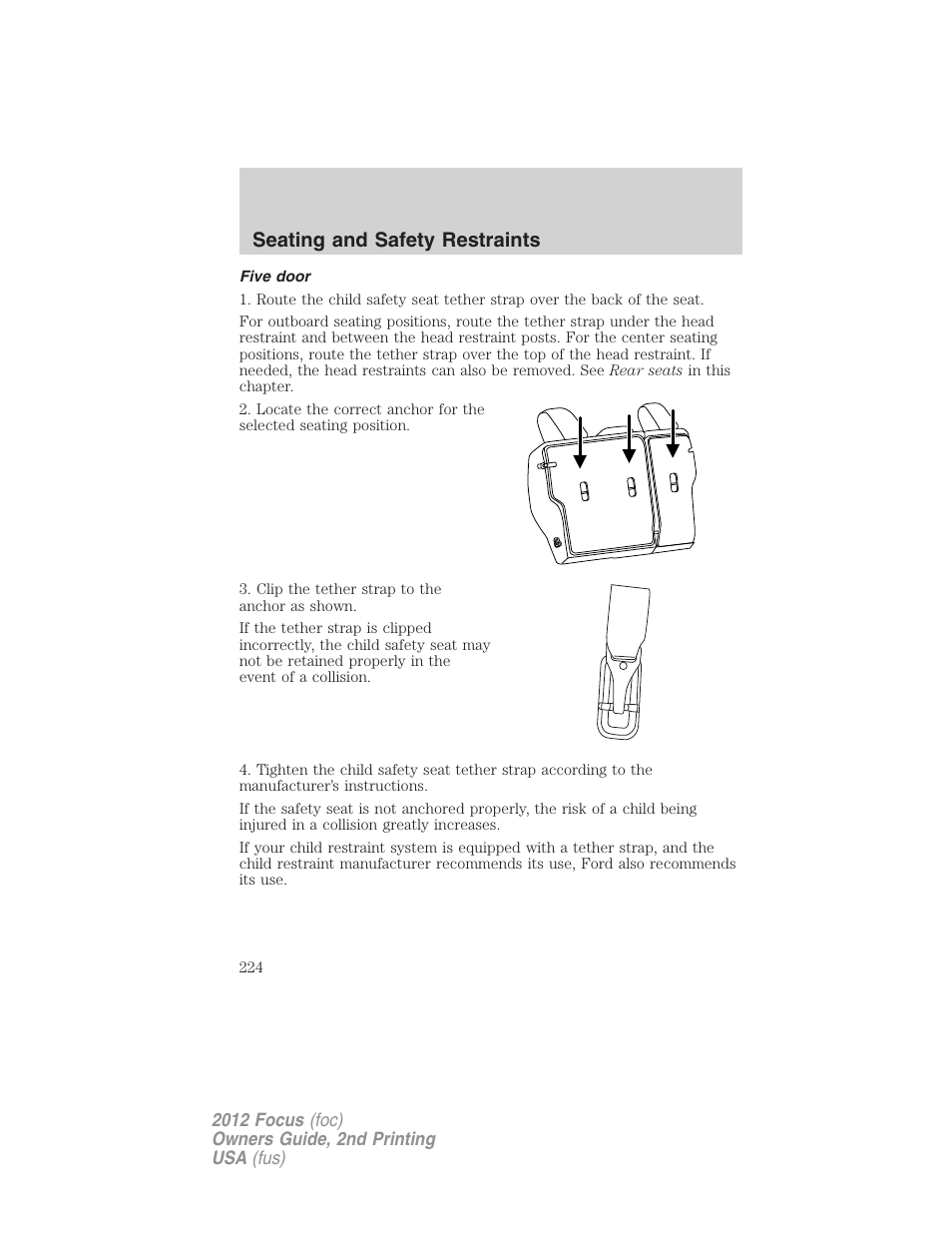 Five door, Seating and safety restraints | FORD 2012 Focus v.2 User Manual | Page 224 / 405