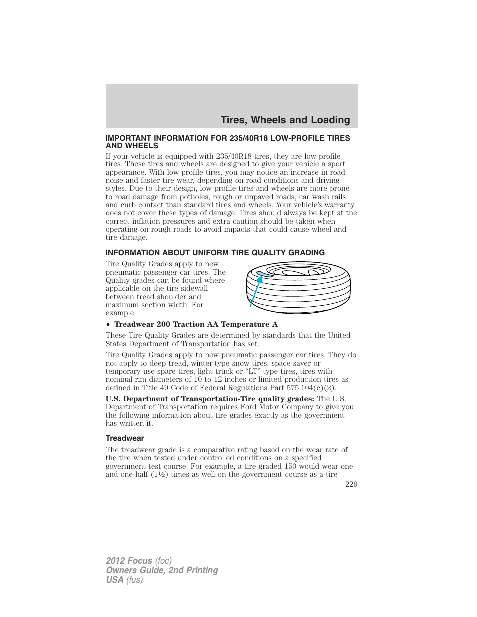 Tires, wheels and loading, Information about uniform tire quality grading, Treadwear | Tire information | FORD 2012 Focus v.2 User Manual | Page 229 / 405