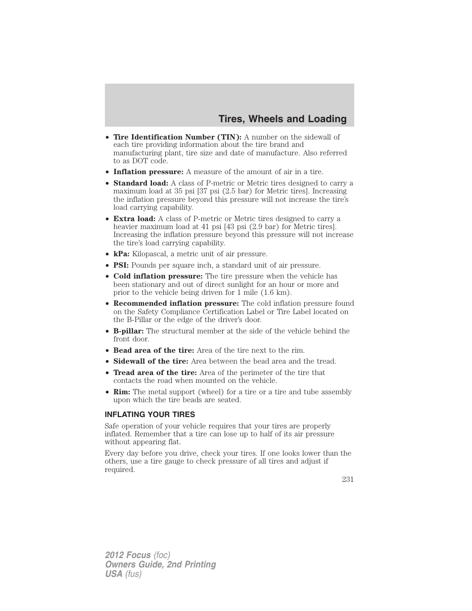 Inflating your tires, Tire inflation, Tires, wheels and loading | FORD 2012 Focus v.2 User Manual | Page 231 / 405