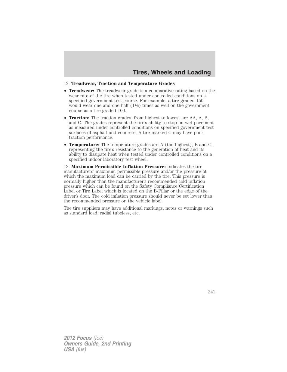 Tires, wheels and loading | FORD 2012 Focus v.2 User Manual | Page 241 / 405