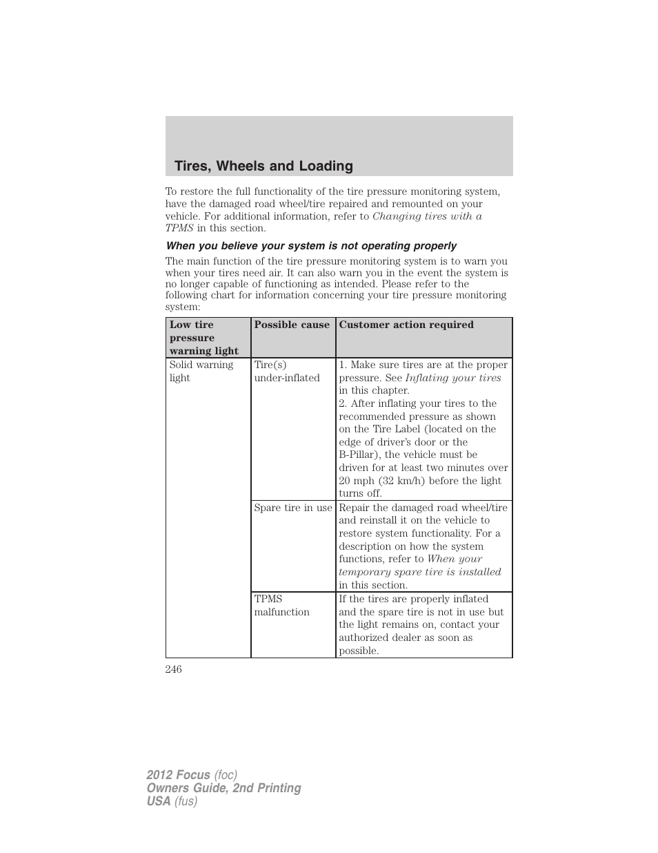 Tires, wheels and loading | FORD 2012 Focus v.2 User Manual | Page 246 / 405