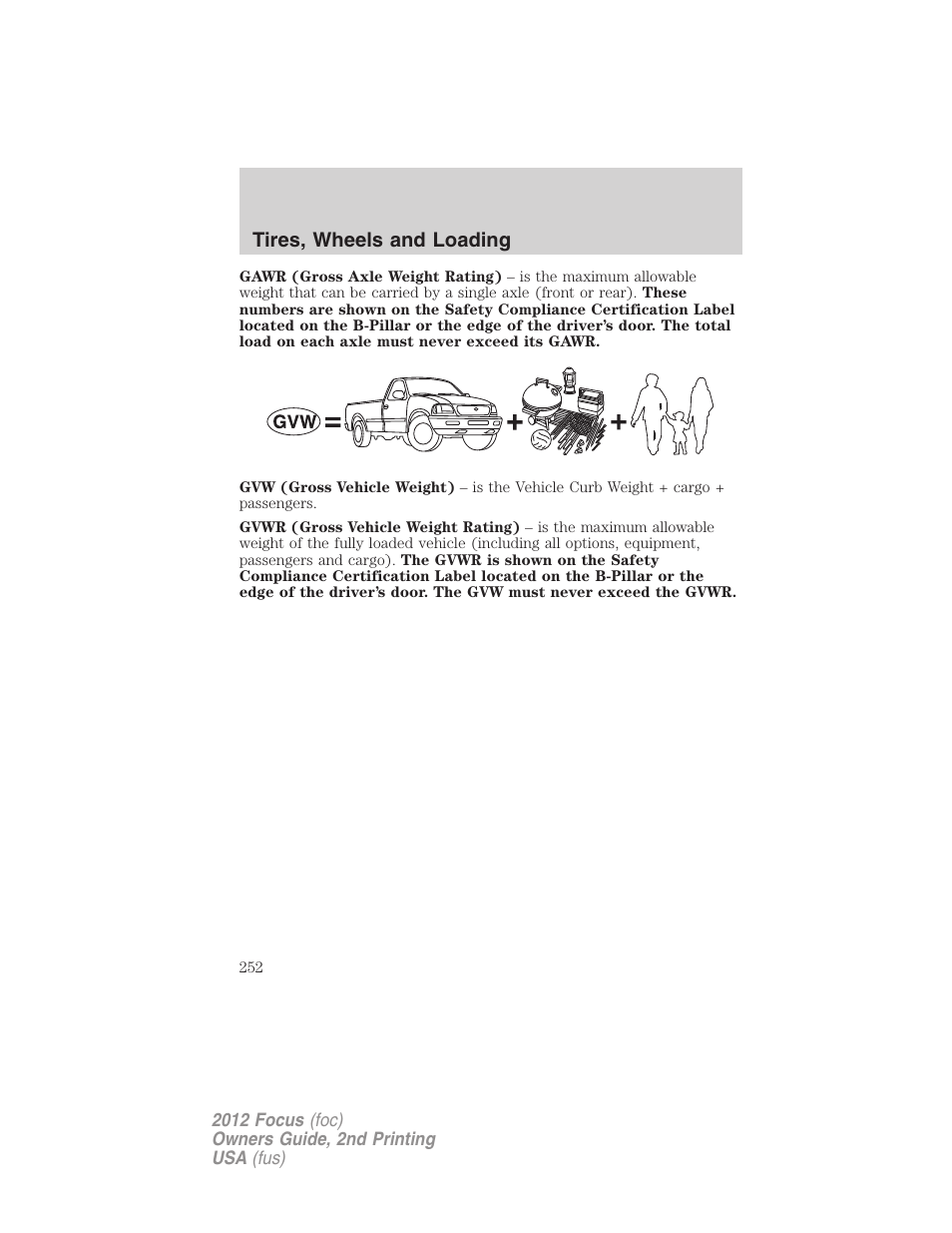 Tires, wheels and loading | FORD 2012 Focus v.2 User Manual | Page 252 / 405