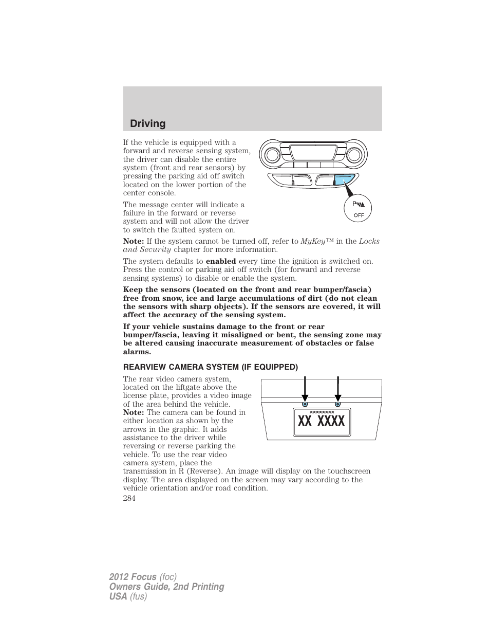 Rearview camera system (if equipped), Rear-view camera system, Driving | FORD 2012 Focus v.2 User Manual | Page 284 / 405