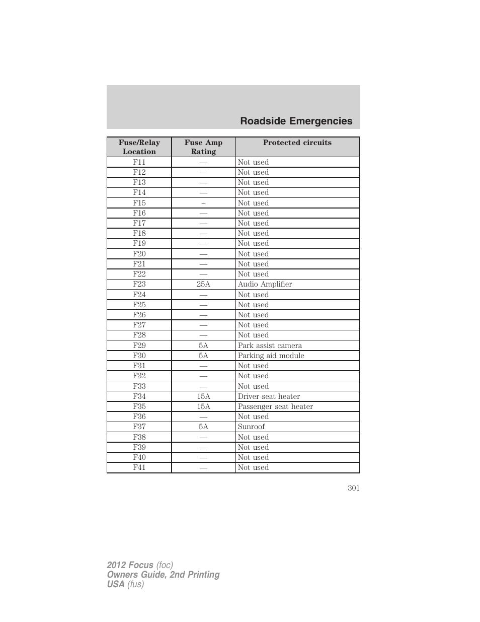 Roadside emergencies | FORD 2012 Focus v.2 User Manual | Page 301 / 405