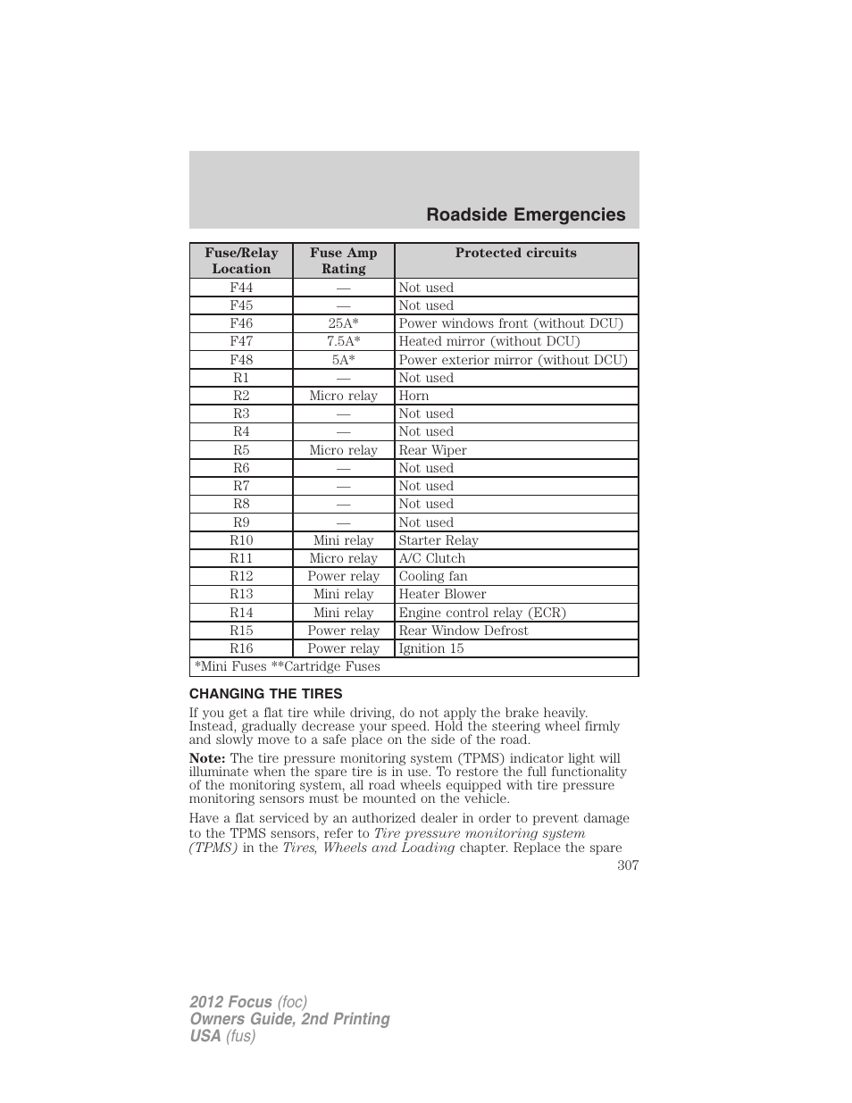 Changing the tires, Changing tires, Roadside emergencies | FORD 2012 Focus v.2 User Manual | Page 307 / 405