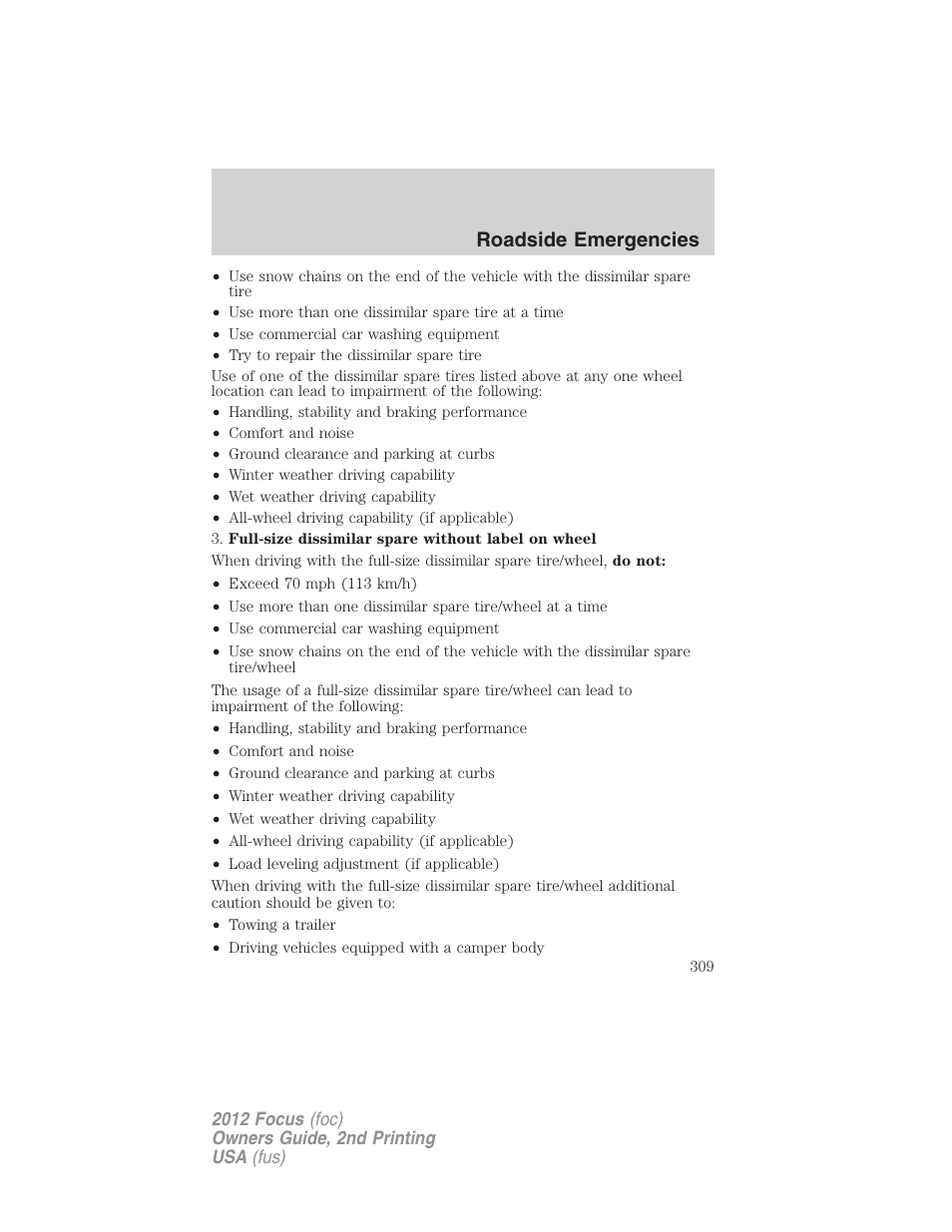 Roadside emergencies | FORD 2012 Focus v.2 User Manual | Page 309 / 405