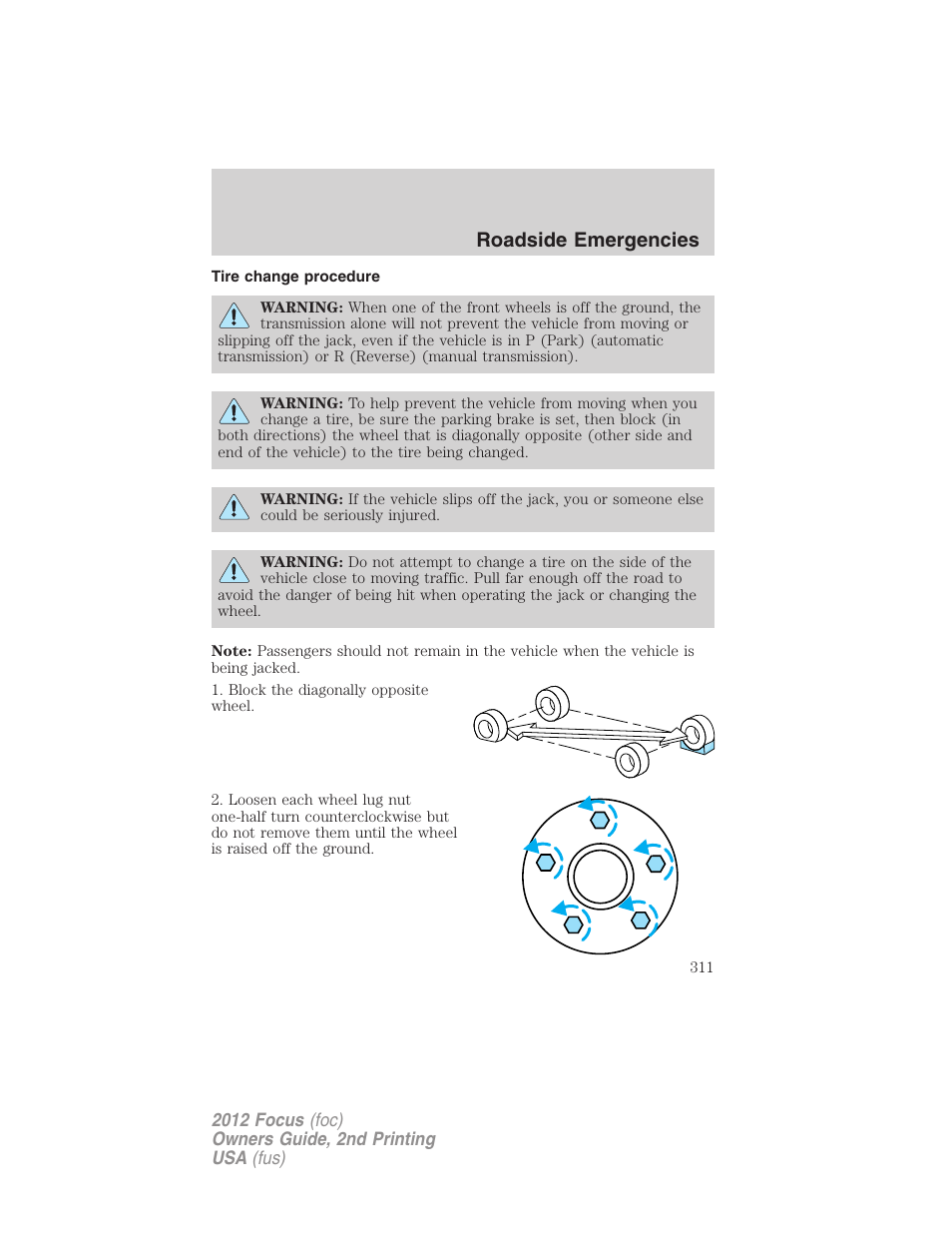 Tire change procedure, Roadside emergencies | FORD 2012 Focus v.2 User Manual | Page 311 / 405