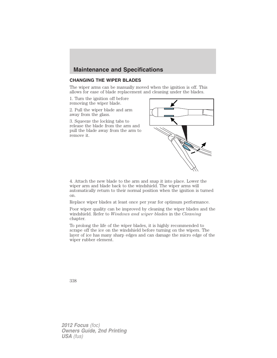 Changing the wiper blades, Maintenance and specifications | FORD 2012 Focus v.2 User Manual | Page 338 / 405