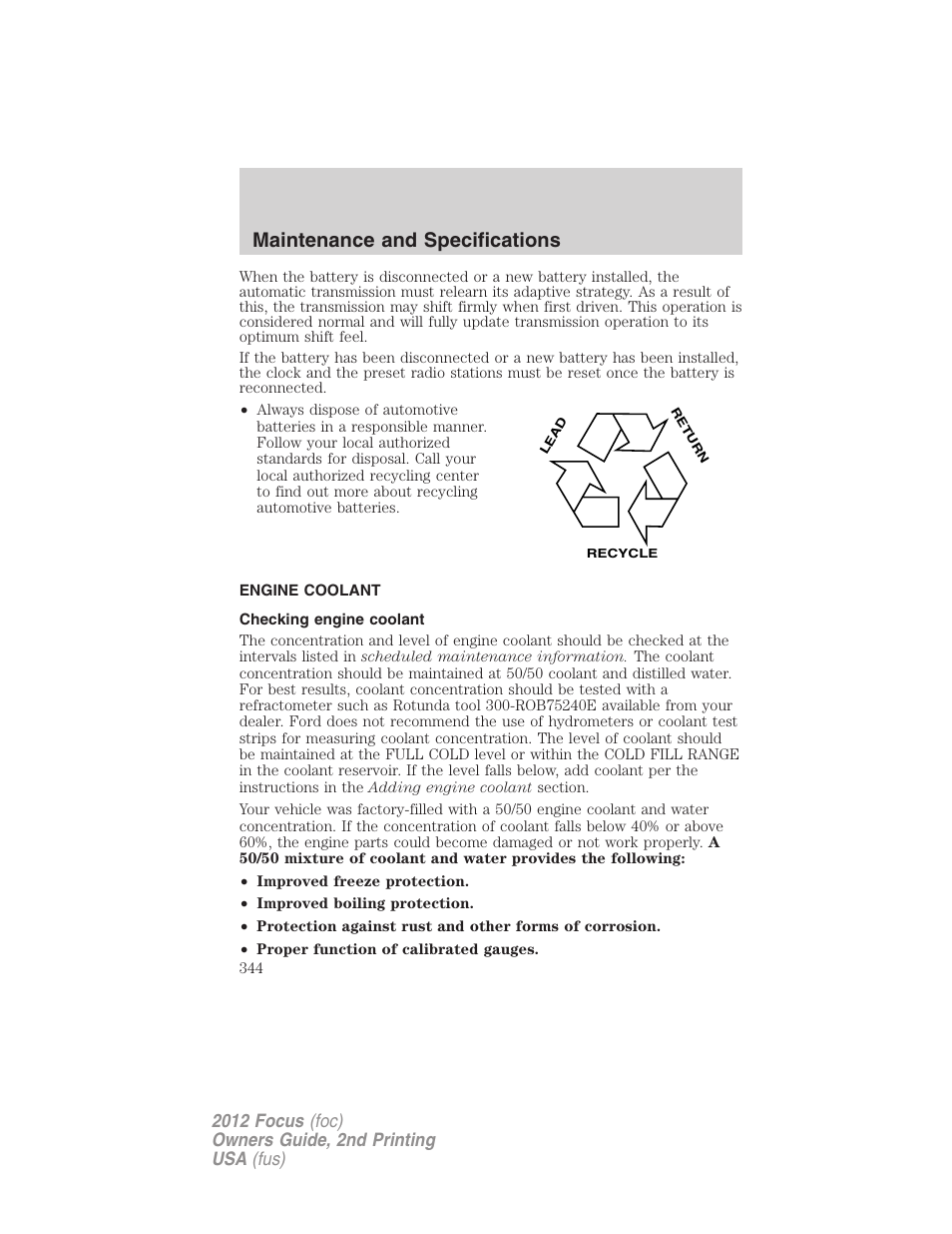 Engine coolant, Checking engine coolant, Maintenance and specifications | FORD 2012 Focus v.2 User Manual | Page 344 / 405